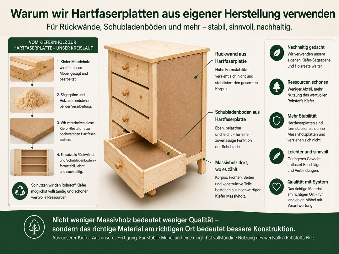 WARUM WIR BEI RÜCKWÄNDEN UND SCHUBLADENBÖDEN AUF HARTFASERPLATTEN AUS KIEFER SETZEN