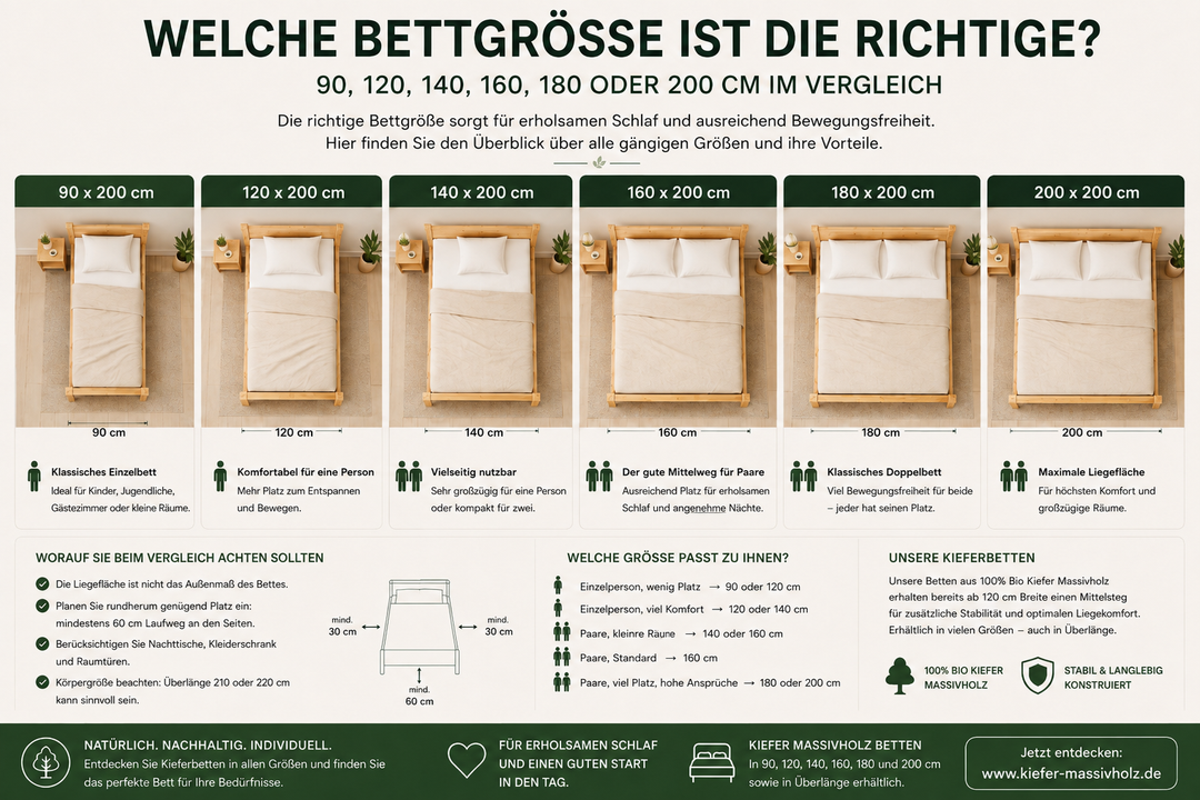WELCHE BETTGRÖSSE IST DIE RICHTIGE? 90, 120, 140, 160, 180 ODER 200 CM IM VERGLEICH