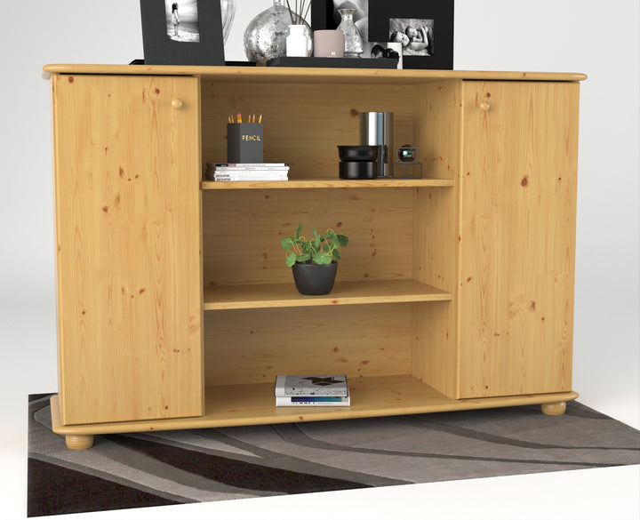 Anika Kommode | Sideboard | Anrichte | 2-Türig | Mitte offene Regale | 100% Bio Kiefer Massivholz