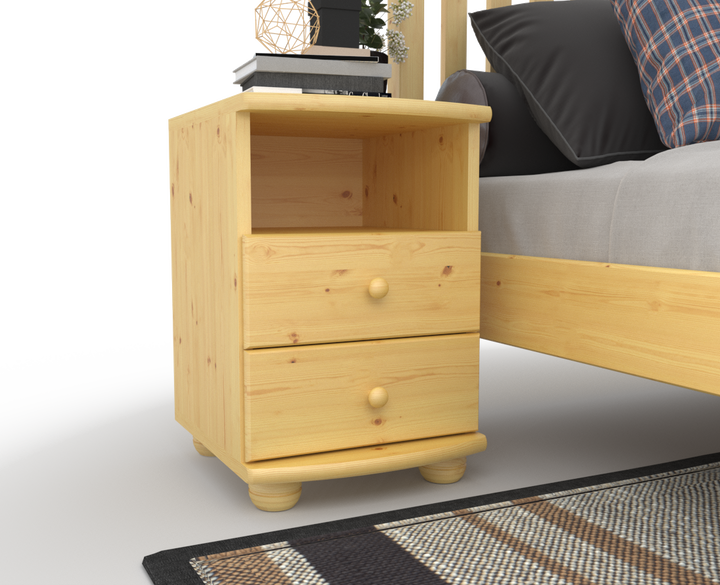 Claudia pine solid wood bedside table nightstand | 2 drawers and 1 shelf | 100% organic pine