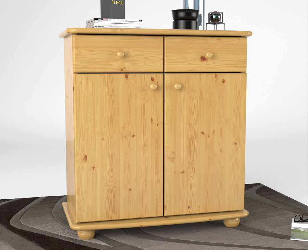 Anika Kommode Sideboard | Anrichte | 2-Schubladen 2-Türig 2-Regalfächer | 100% Bio Kiefer Massivholz