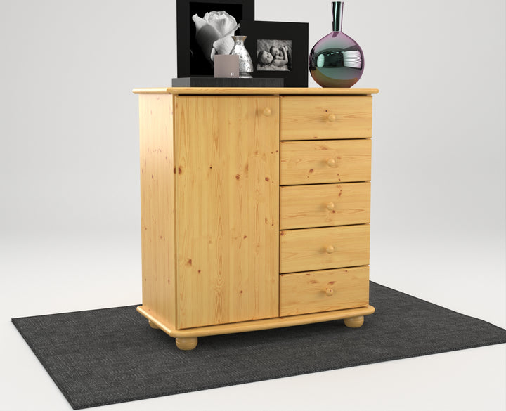 Anika Kommode Sideboard | Anrichte | 5-Schubladen | 1-Türig | 100% Bio Kiefer Massivholz