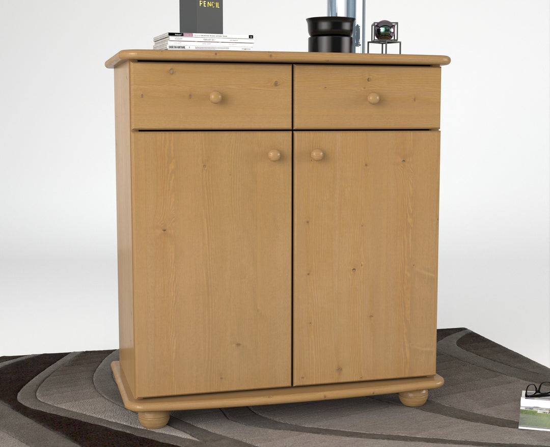 Anika Kommode Sideboard | Anrichte | 2-Schubladen 2-Türig 2-Regalfächer | 100% Bio Kiefer Massivholz