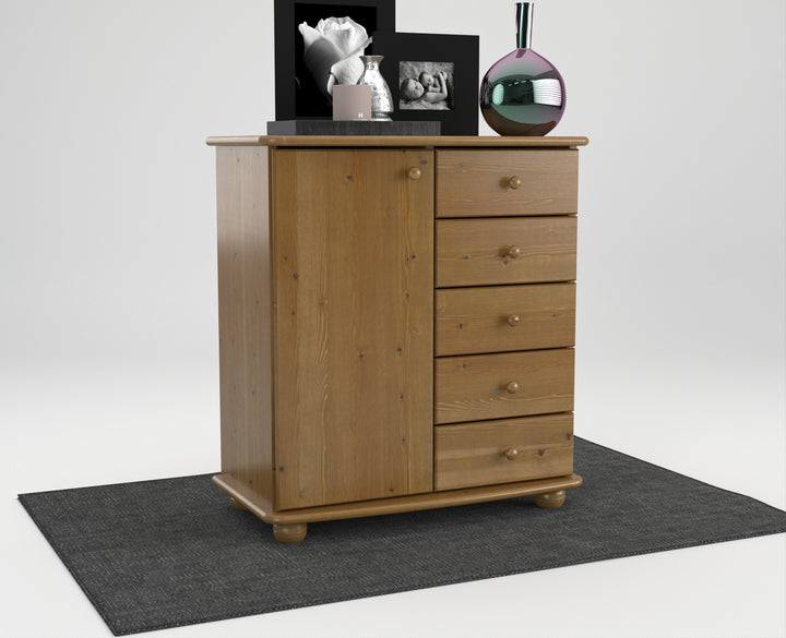 Anika Kommode Sideboard | Anrichte | 5-Schubladen | 1-Türig | 100% Bio Kiefer Massivholz