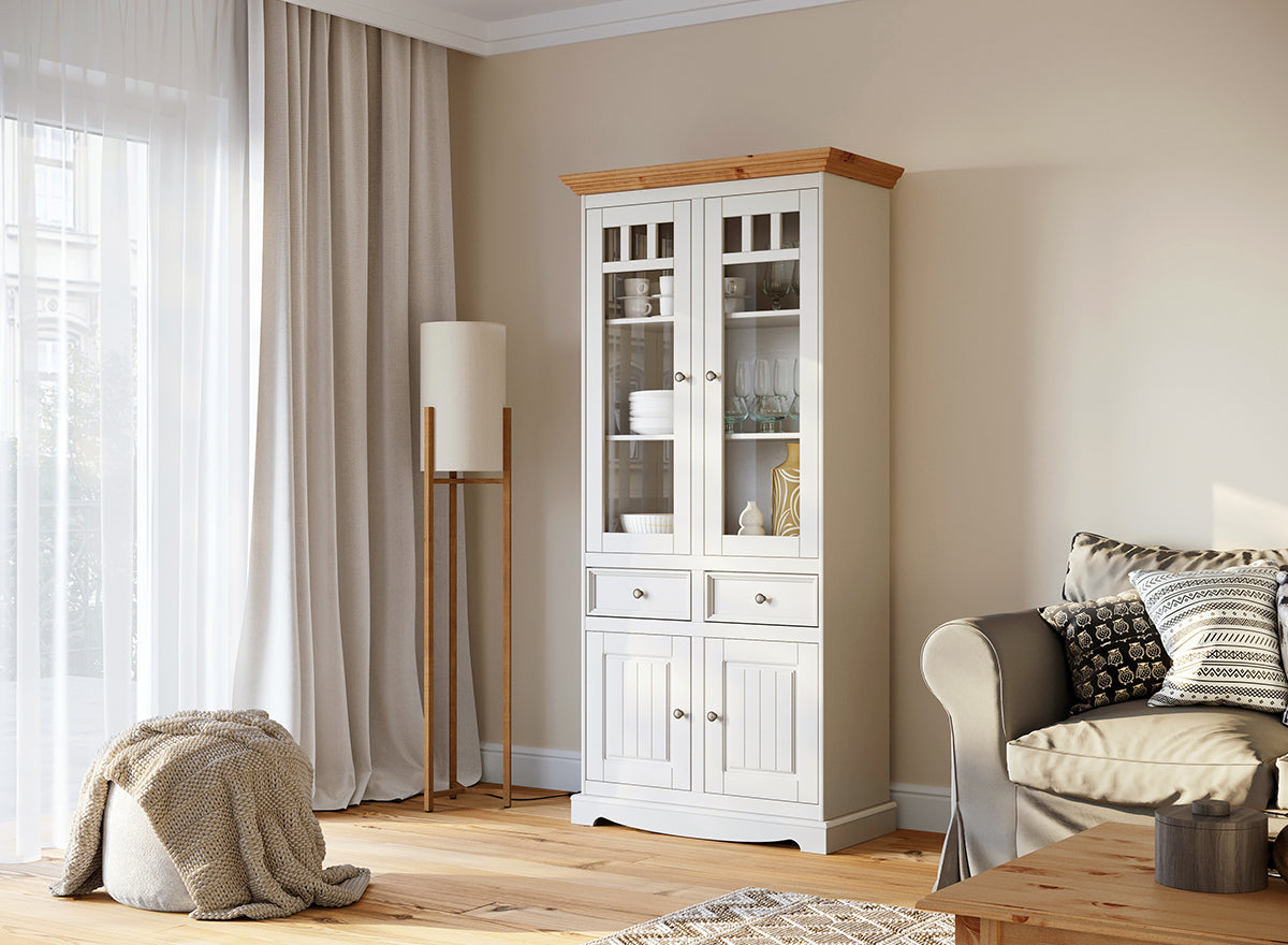 Bologna Elegante Massivholz Kiefer Glasvitrine 1.3 | Farbe Graphit - Eiche