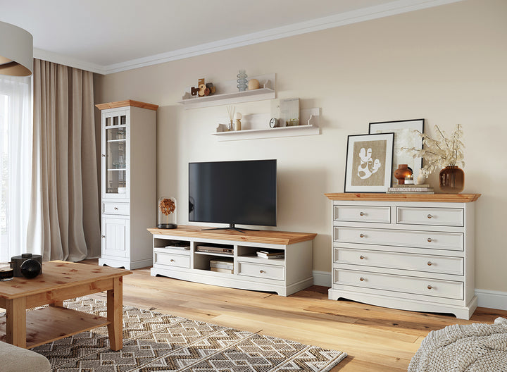 Bologna Elegant Solid Wood Pine Dresser TV Cabinet | Color white - pine