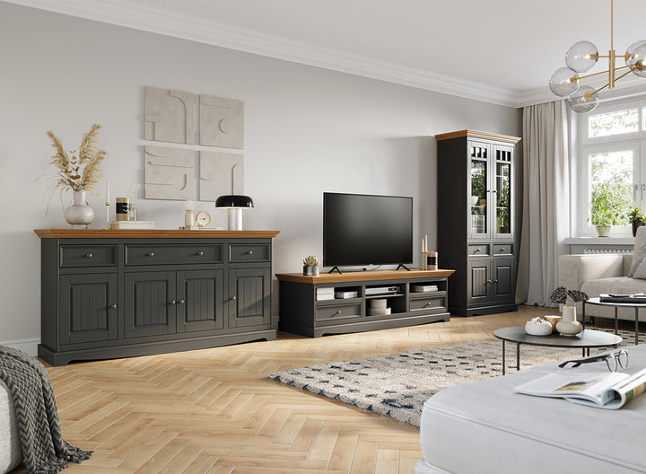 Bologna Elegant Solid Wood Pine Large TV Cabinet Dresser | Color graphite - oak