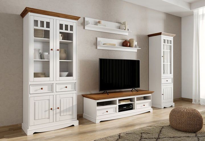 Bologna Elegant Solid Wood Pine Large TV Cabinet Dresser | Color white - oak