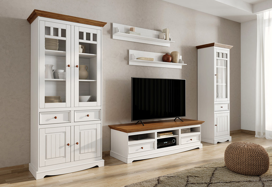 Bologna Elegant Solid Wood Pine Display Cabinet 2D | Color white - oak