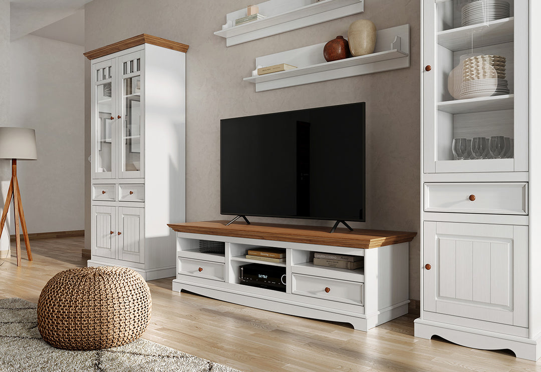 Bologna Elegant Solid Wood Pine Large TV Cabinet Dresser | Color white - oak