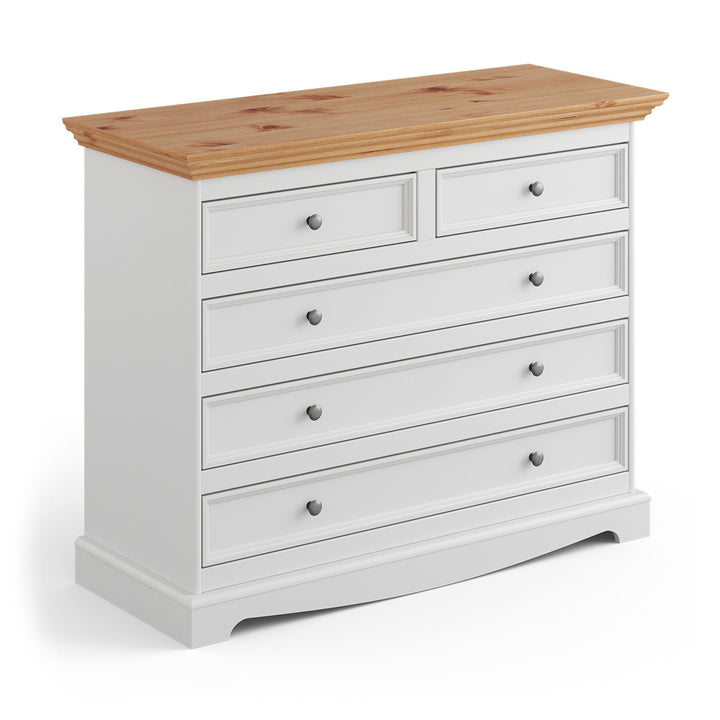 Bologna Elegant Solid Wood Pine 5 Drawer Dresser | Color white - pine