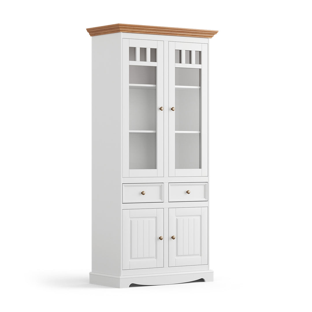 Bologna Elegante Massivholz Kiefer Vitrine 2D | Farbe Weiss - Eiche