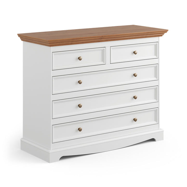 Bologna Elegant Solid Wood Pine 5 Drawer Dresser | Color white - oak