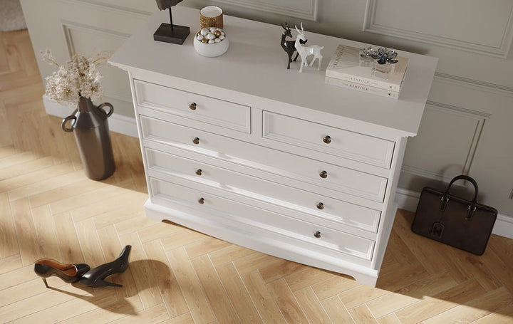 Bologna Elegant Solid Wood Pine 5 Drawer Dresser | color white