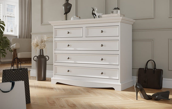 Bologna Elegant Solid Wood Pine 5 Drawer Dresser | color white