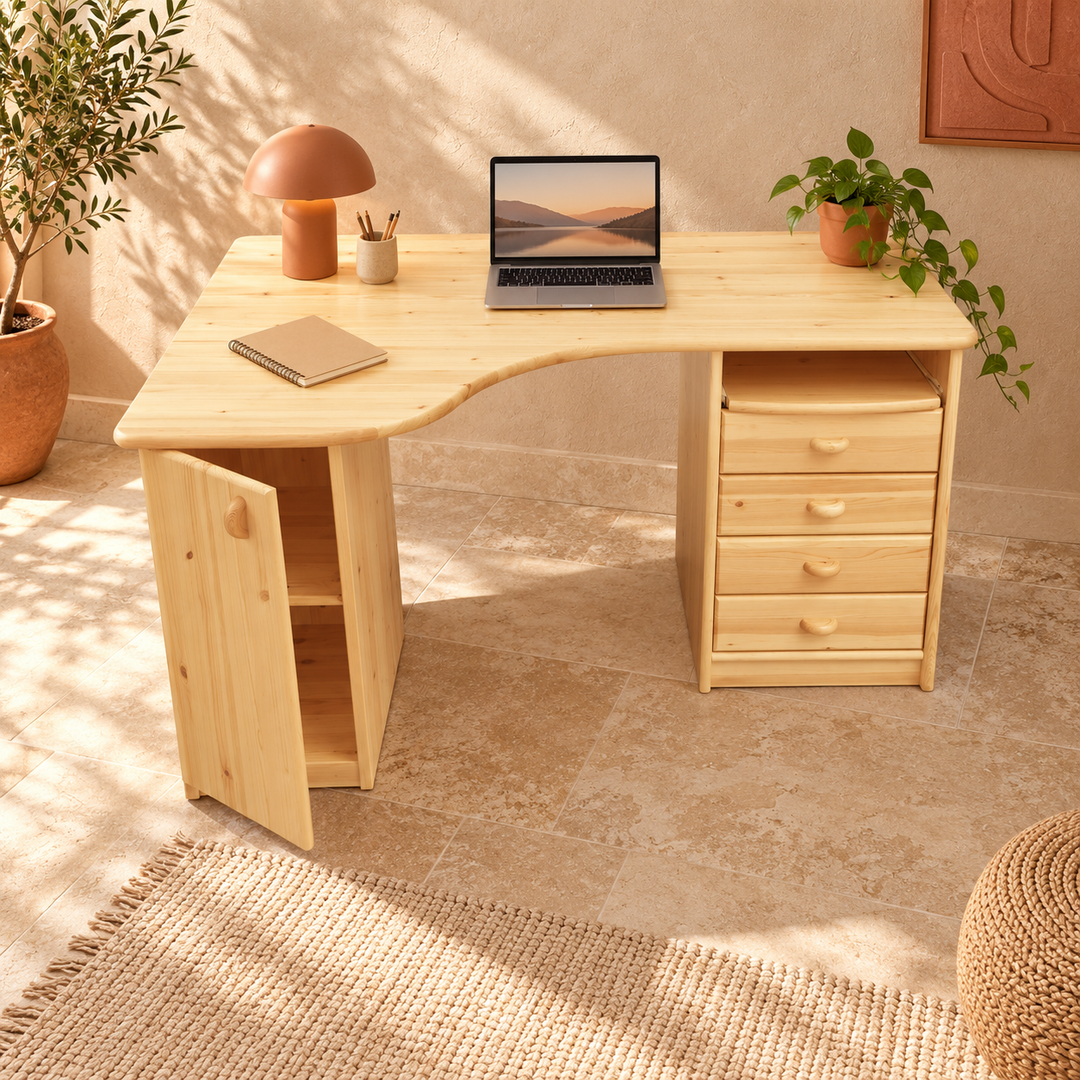 kiefer_massivholz_Vanessa Eck-Schreibtisch aus Kiefernholz, 1-Türig, 4-Schubladen, PC-Halterung – Natur