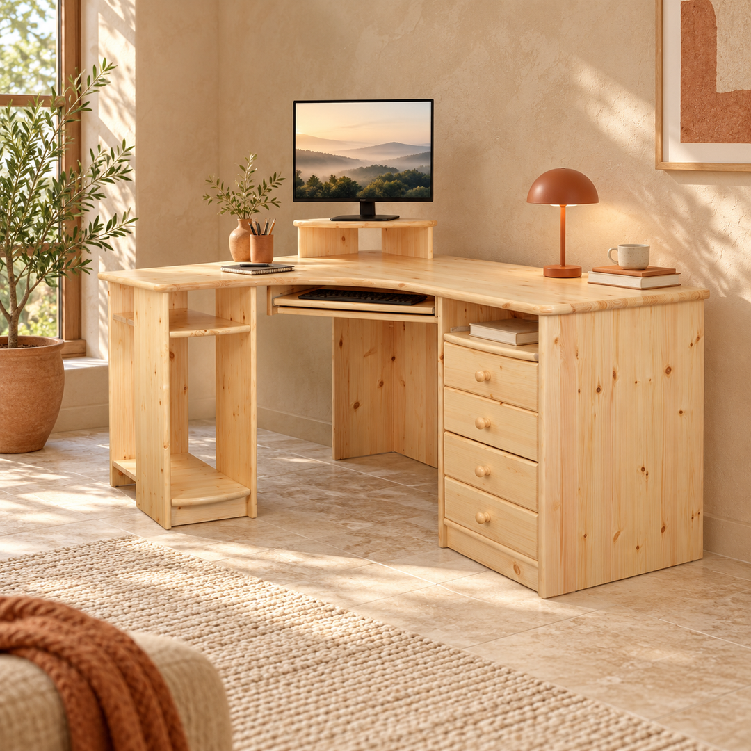 kiefer_massivholz_Vanessa Eck-Schreibtisch XL, Tastaturauszug, PC-Halterung – Natur