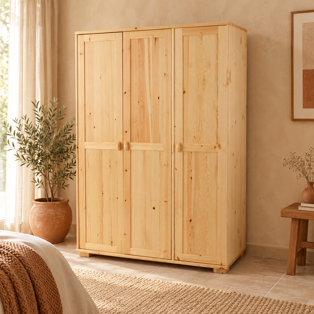 kiefer_massivholz_Vanessa Kleiderschrank Kiefer, 3-türig aus massivem Holz – Natur