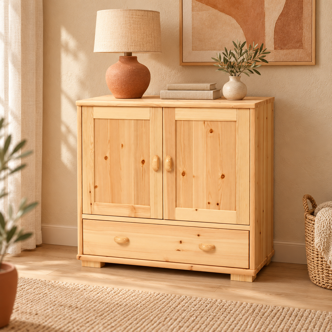 kiefer_massivholz_Vanessa Kommode Massivholz, 2-türig Sideboard mit 1 Schublade aus Holz – Natur
