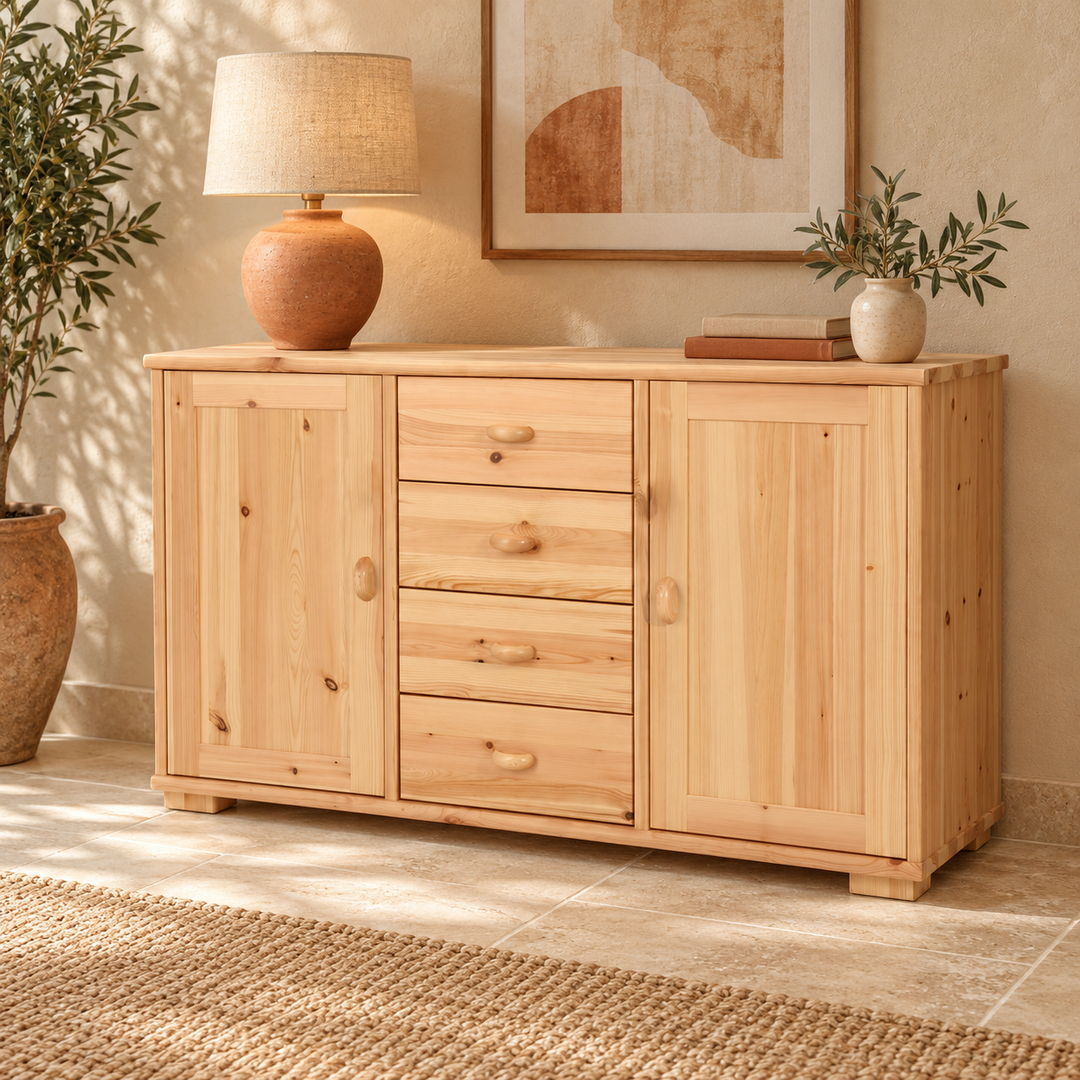 kiefer_massivholz_Vanessa Kommode aus Massivholz, 2-türig mit 4 Schubladen, Massivholz Sideboard Anrichte – Natur