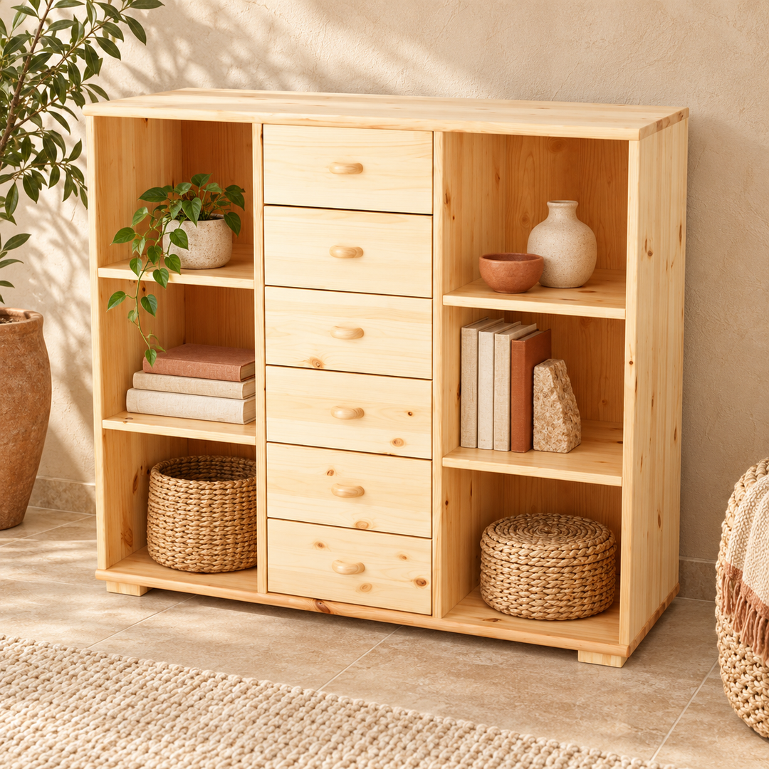 kiefer_massivholz_Vanessa Kommode Sideboard aus Massivholz, Anrichte mit 6 Regalfächern und 6 Schubladen – Natur
