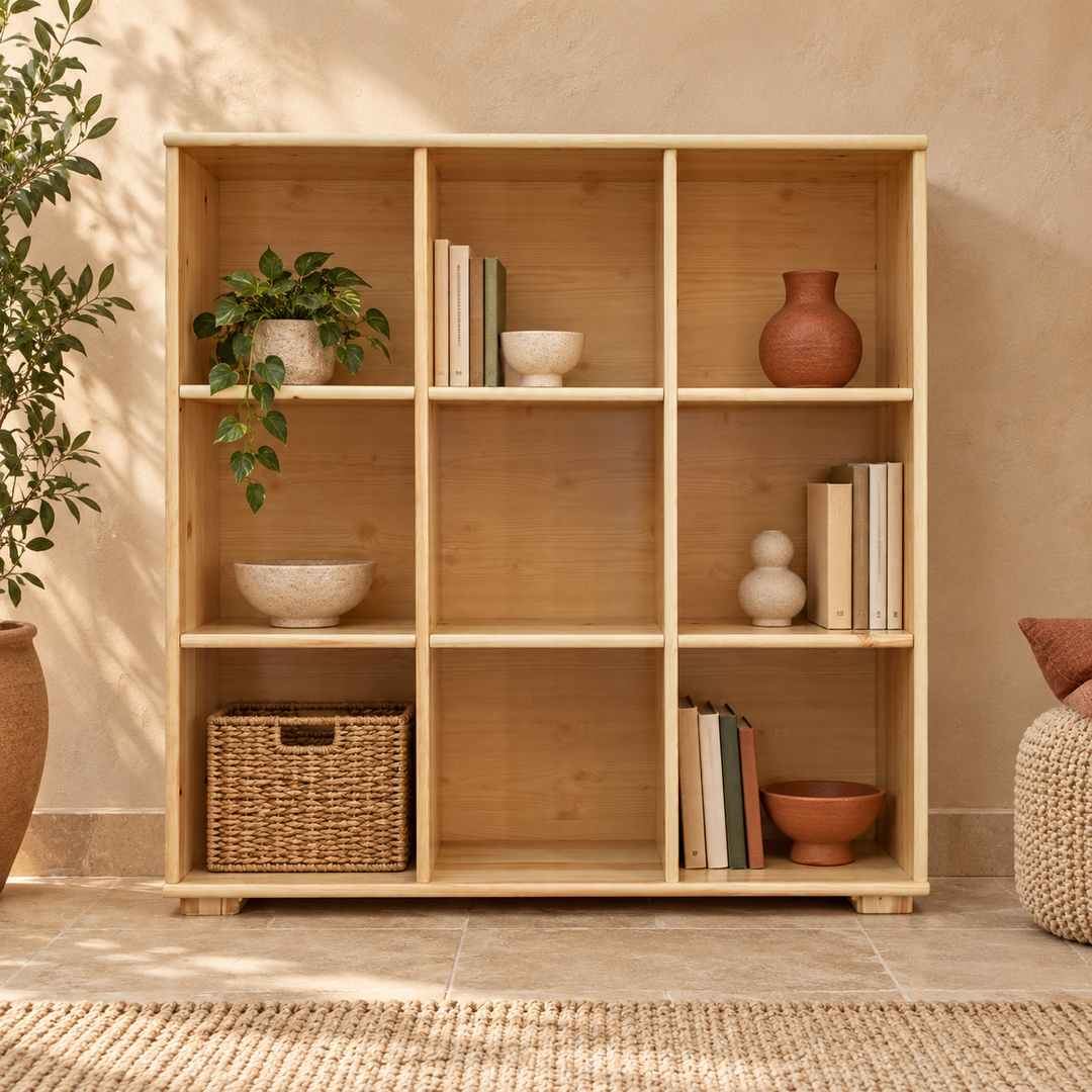 kiefer_massivholz_Vanessa Kommode aus Massivholz, Sideboard mit 9 Regalen – Natur