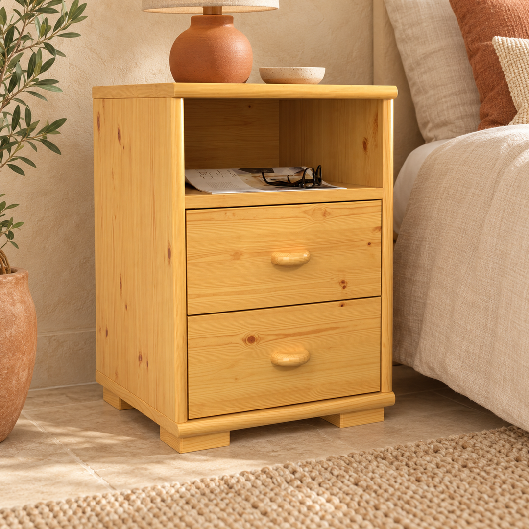 kiefer_massivholz_Vanessa Kiefer Massivholz Nachttisch Kiefer mit 2 Schubladen und 1 Regal aus Kiefer – Natur