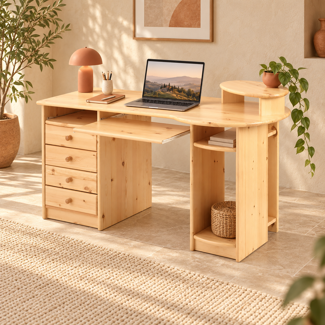 kiefer_massivholz_Vanessa Schreibtisch aus Kiefer mit 4 Schubladen und Tastaturauszug – Natur