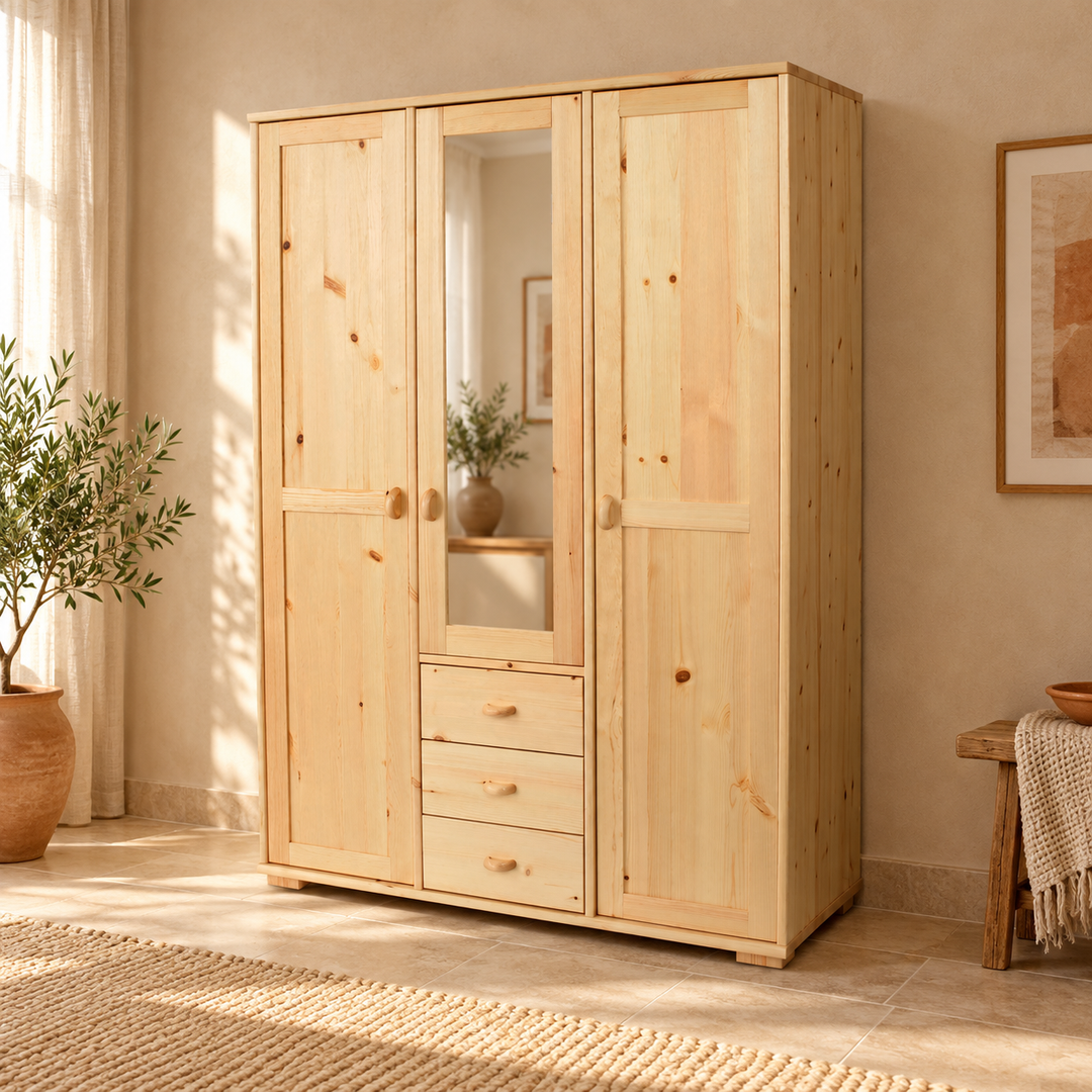 kiefer_massivholz_Vanessa Kleiderschrank Spiegelschrank, 3-Türig mit Schubladen, Kleiderstangen und Regalfächern – Natur