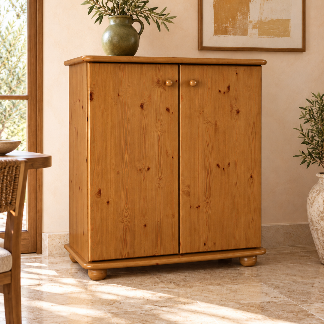 Anika Kommode Bio Kiefer Massivholz | 2-Türig Sideboard mit Regalfächer aus 100% Massivholz in Antik Kiefer im Wohnraum