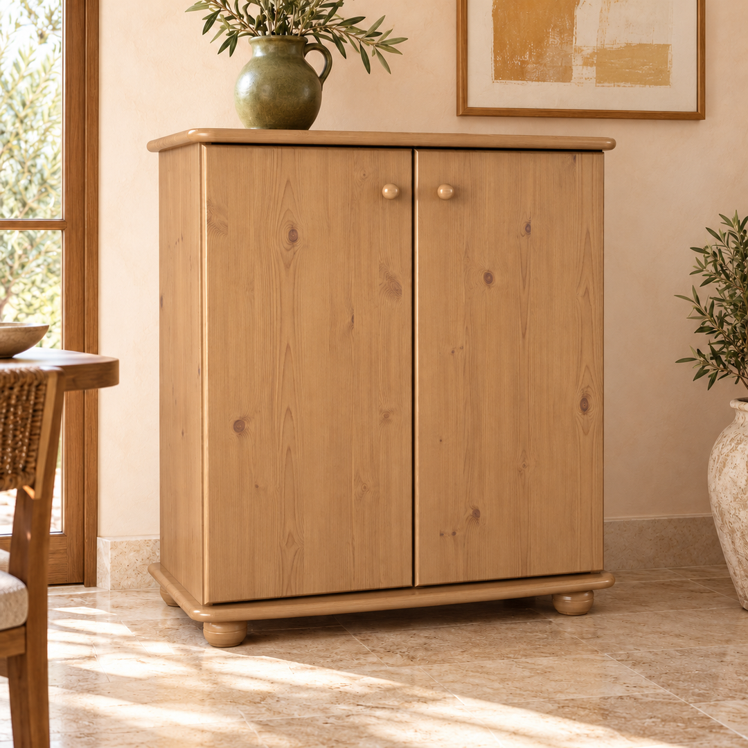 Anika Kommode Bio Kiefer Massivholz | 2-Türig Sideboard mit Regalfächer aus 100% Massivholz in Capuccino im Wohnraum