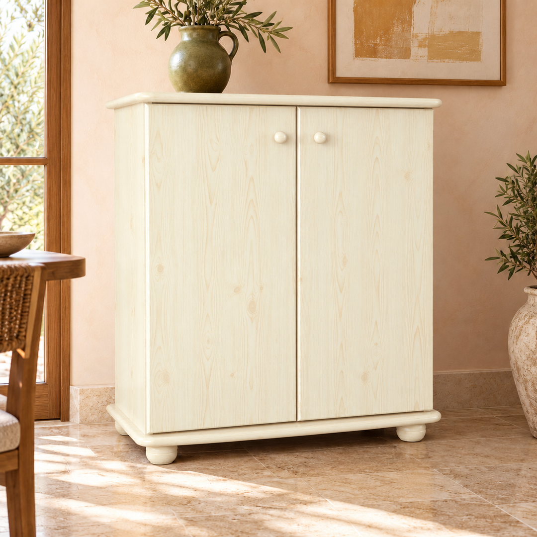 Anika Kommode Bio Kiefer Massivholz | 2-Türig Sideboard mit Regalfächer aus 100% Massivholz in Weiss im Wohnraum