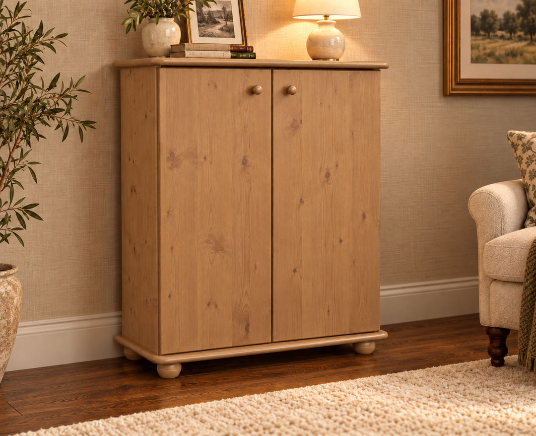 Anika Kommode 110er Bio Kiefer Massivholz | 2-Türig Sideboard mit Regalfächern | Anrichte aus 100% Massivholz in Capuccino im Wohnraum