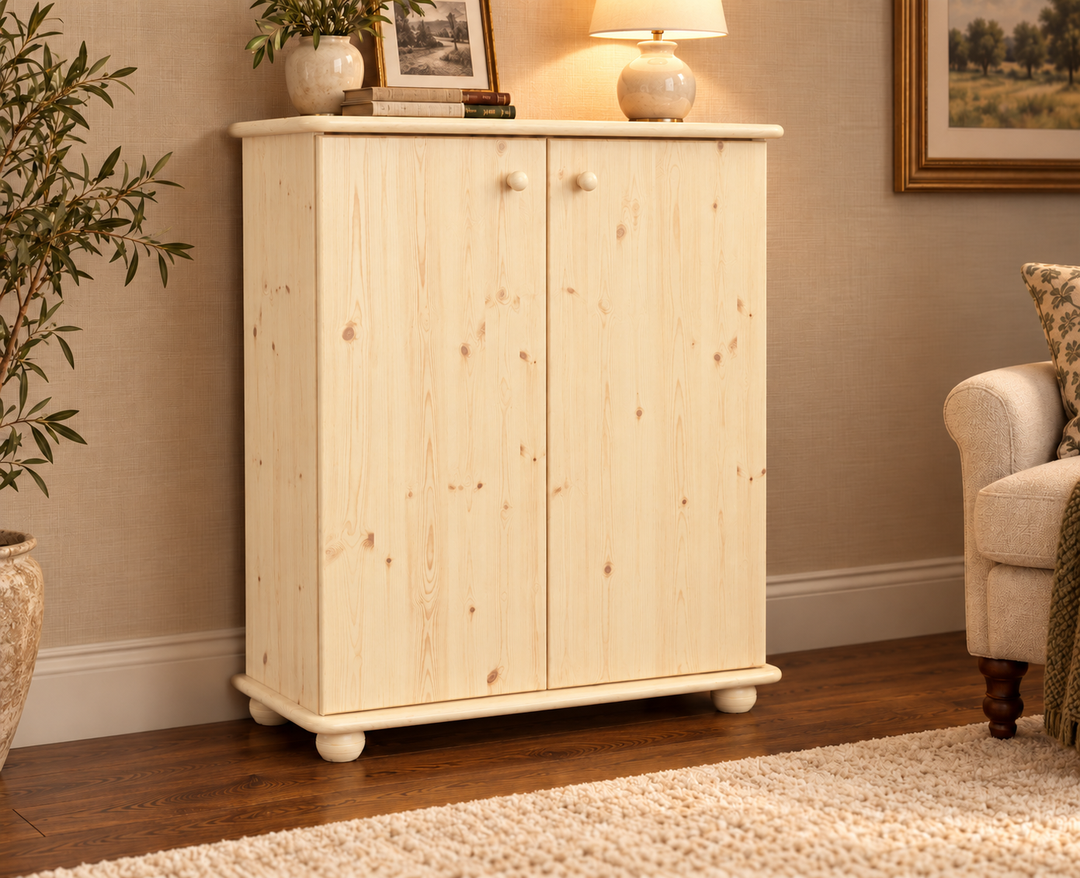 Anika Kommode 110er Bio Kiefer Massivholz | 2-Türig Sideboard mit Regalfächern | Anrichte aus 100% Massivholz in Natur unbehandelt ohne Lack im Wohnraum