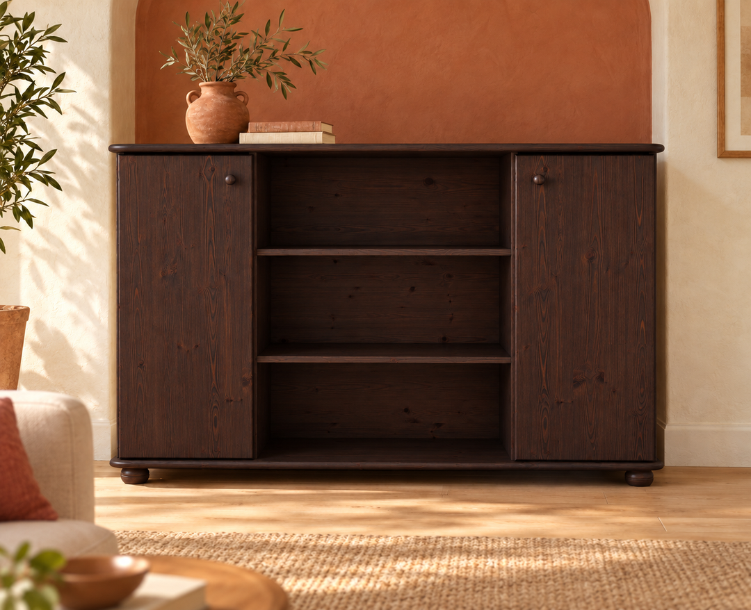 Anika Kommode Bio Kiefer Massivholz | 2-Türige Anrichte mit offenen Regalen in Wenge im Wohnraum