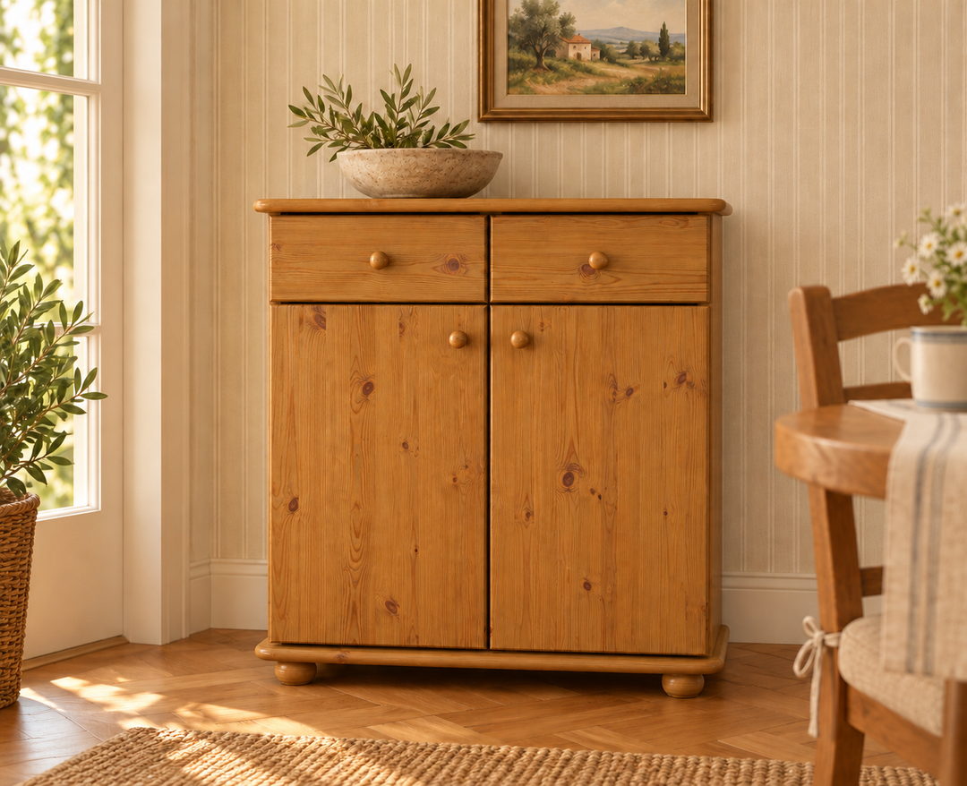 Anika Kommode Bio Kiefer Massivholz | Sideboard mit 2 Schubladen, 2 Türen und 2 Regalfächern in Antik Kiefer im Wohnraum