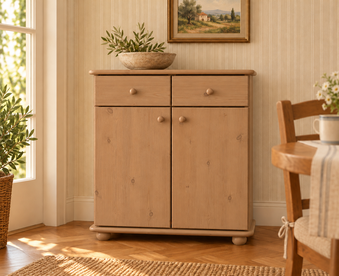 Anika Kommode Bio Kiefer Massivholz | Sideboard mit 2 Schubladen, 2 Türen und 2 Regalfächern in Capuccino im Wohnraum