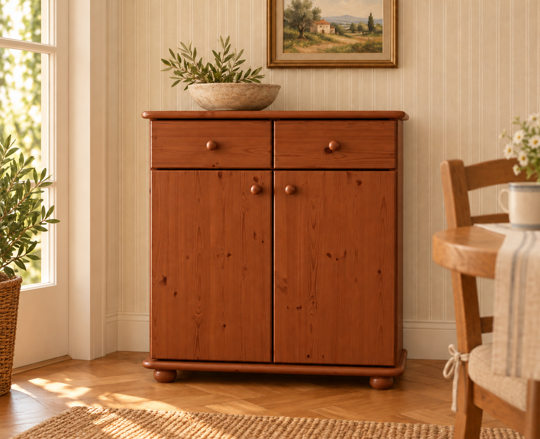 Anika Kommode Bio Kiefer Massivholz | Sideboard mit 2 Schubladen, 2 Türen und 2 Regalfächern in Kirsch im Wohnraum