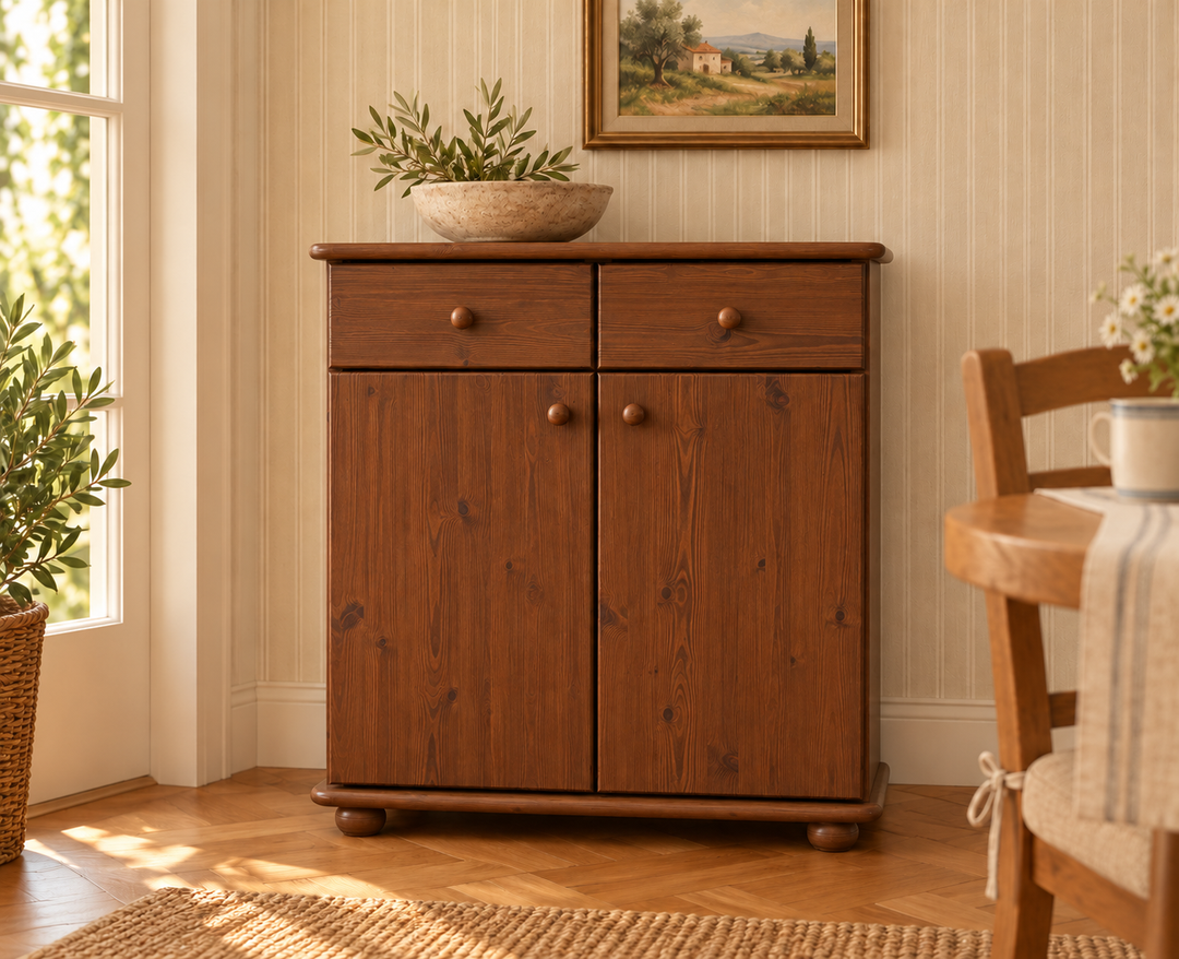 Anika Kommode Bio Kiefer Massivholz | Sideboard mit 2 Schubladen, 2 Türen und 2 Regalfächern in Kolonial im Wohnraum
