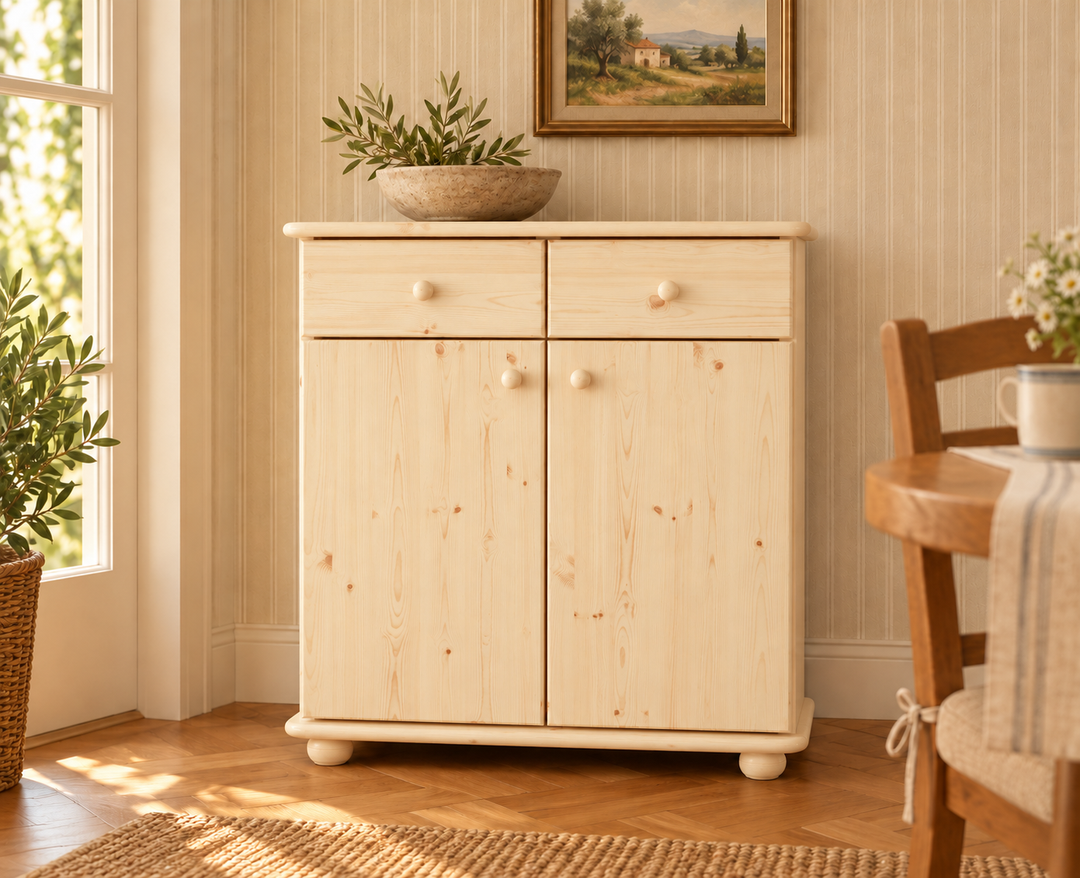 Anika Kommode Bio Kiefer Massivholz | Sideboard mit 2 Schubladen, 2 Türen und 2 Regalfächern in Natur unbehandelt ohne Lack im Wohnraum