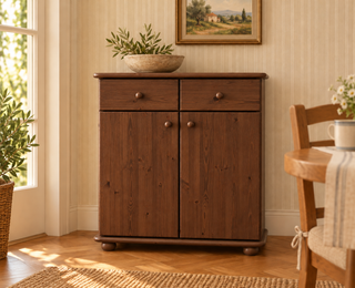 Anika Kommode Bio Kiefer Massivholz | Sideboard mit 2 Schubladen, 2 Türen und 2 Regalfächern in Nussbaum im Wohnraum
