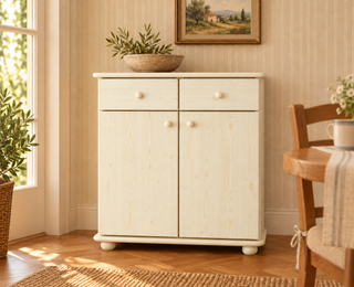 Anika Kommode Bio Kiefer Massivholz | Sideboard mit 2 Schubladen, 2 Türen und 2 Regalfächern in Weiss im Wohnraum