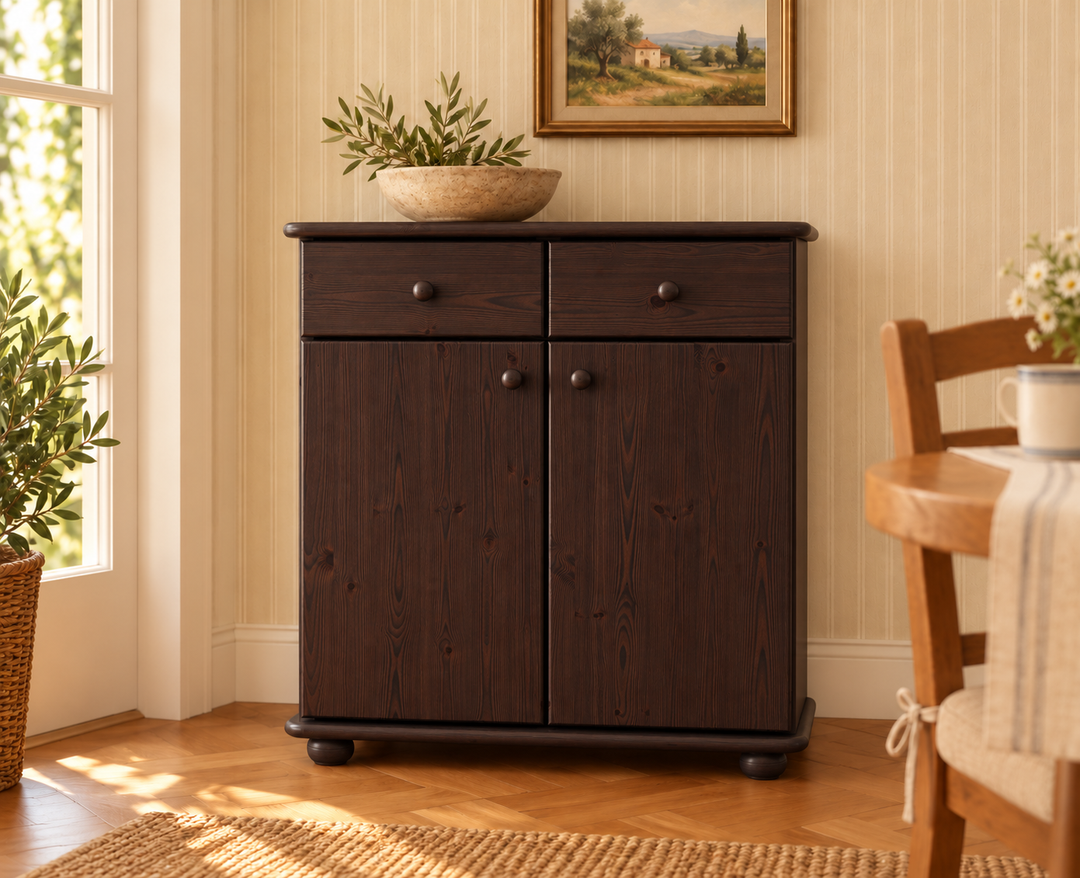 Anika Kommode Bio Kiefer Massivholz | Sideboard mit 2 Schubladen, 2 Türen und 2 Regalfächern in Wenge im Wohnraum