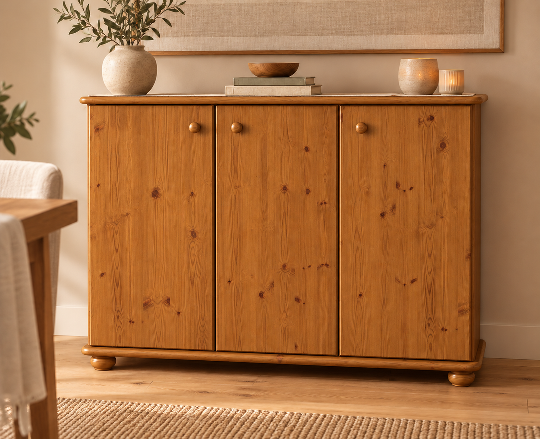 Anika Kommode Bio Kiefer Massivholz | 93er Sideboard 3-Türig mit Regalfächer in Antik Kiefer im Wohnraum
