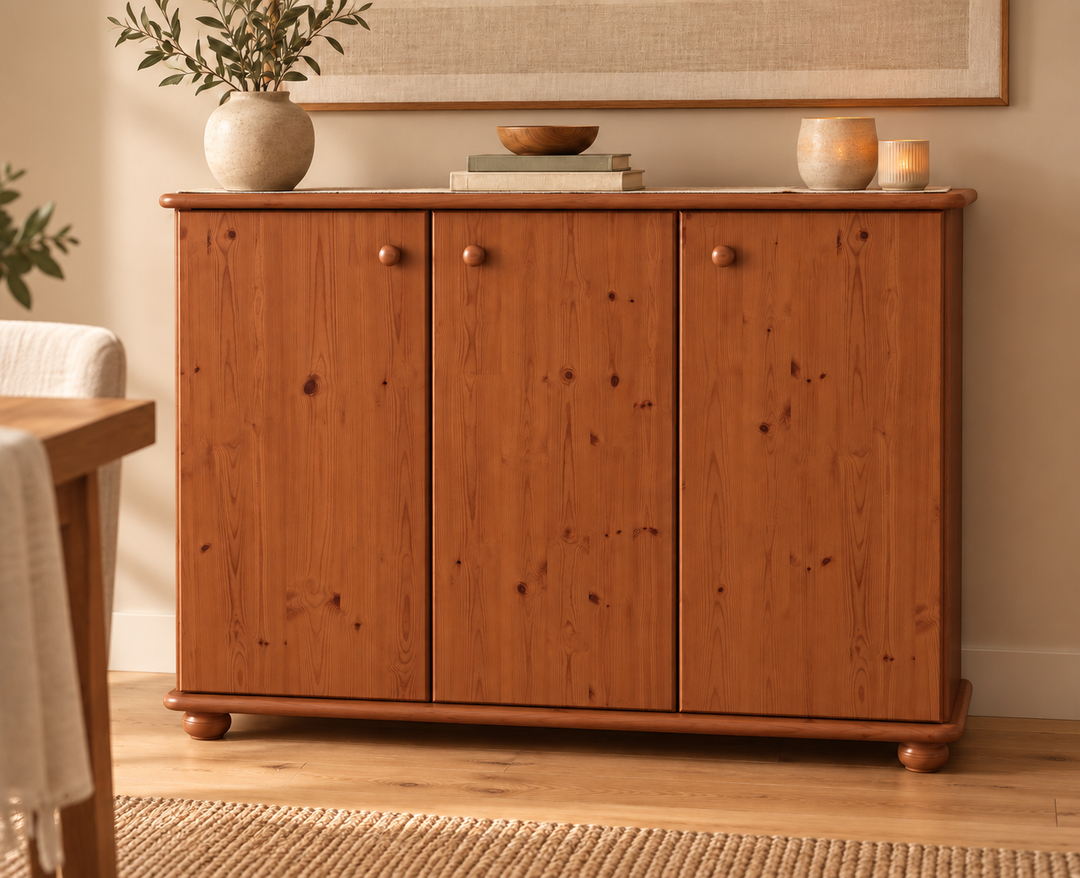 Anika Kommode Bio Kiefer Massivholz | 93er Sideboard 3-Türig mit Regalfächer in Kirsch im Wohnraum