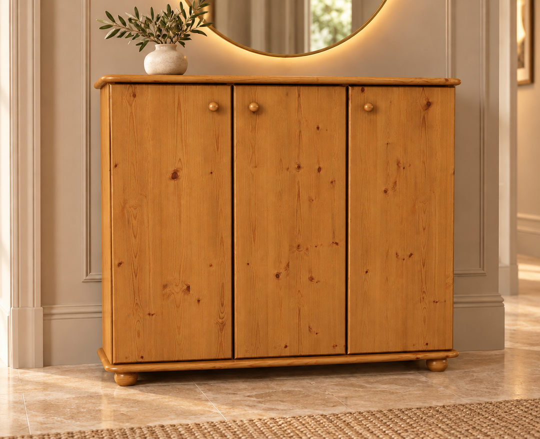 Anika Kommode Kiefer Massivholz 110er | 3-Türig Sideboard mit Regalfächer aus 100% Bio Holz in Antik Kiefer im Wohnraum