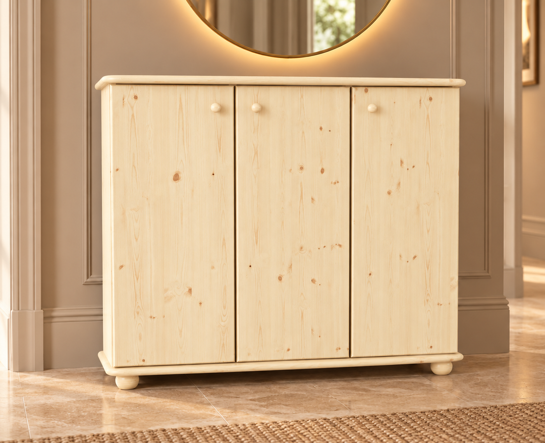 Anika Kommode Kiefer Massivholz 110er | 3-Türig Sideboard mit Regalfächer aus 100% Bio Holz in Natur unbehandelt ohne Lack im Wohnraum