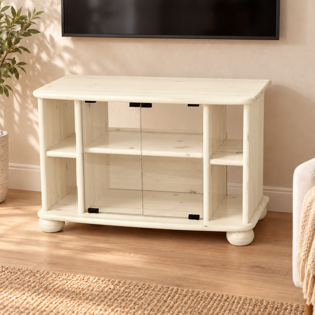 Anika TV-Schrank 55er aus 100% Bio Kiefer Massivholz in Weiss im Wohnraum