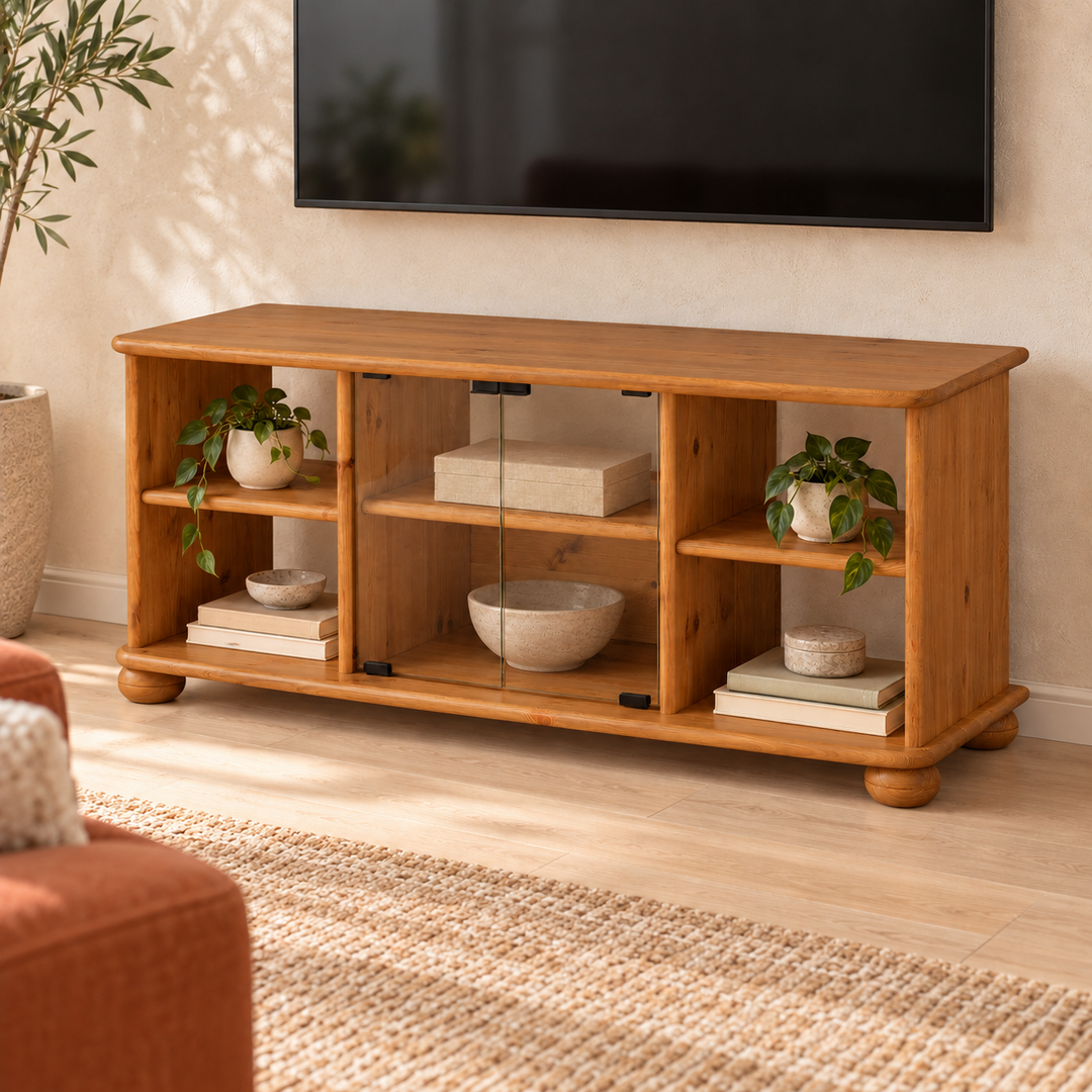 Anika TV-Schrank 125er aus 100% Bio Kiefer Massivholz in Antik Kiefer im Wohnraum