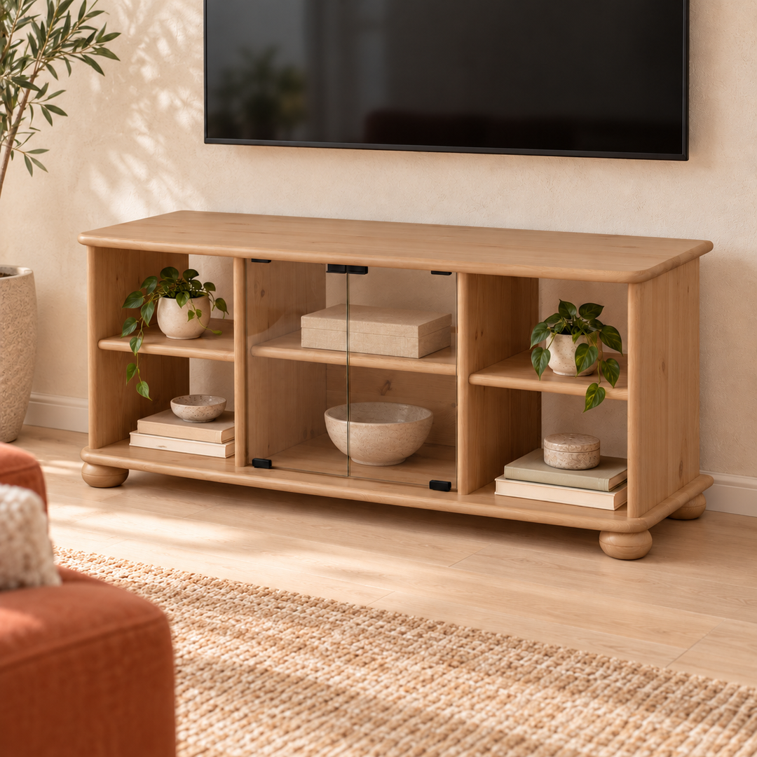 Anika TV-Schrank 125er aus 100% Bio Kiefer Massivholz in Capuccino im Wohnraum